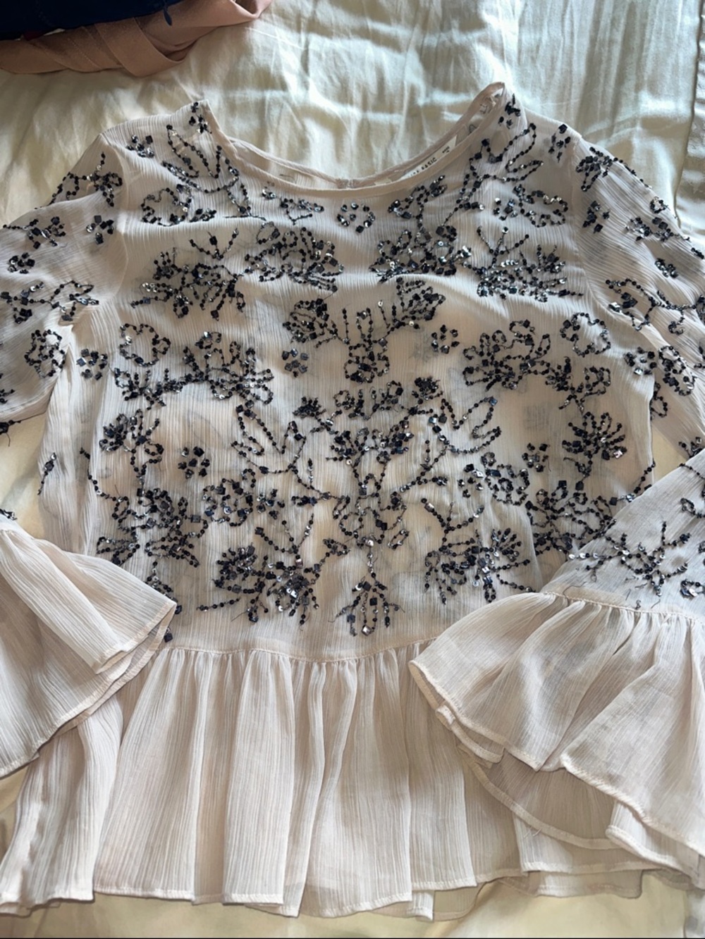Zara Beige Sequin Embellished Floral Blouse